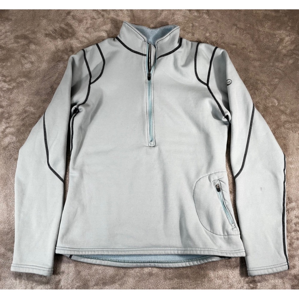 REI Fleece Pullover Womens Medium Blue Grey Good Quarter Zip Contrast Stitching